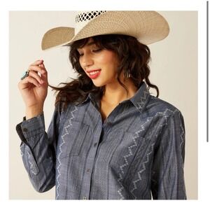 Women's Ariat Blue White Embroidered‎ Western Long Sleeve Shirt Size M, 0030 B 1